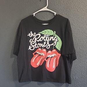 The Rolling Stones Black Tee with Red Tongues and Green Leaf